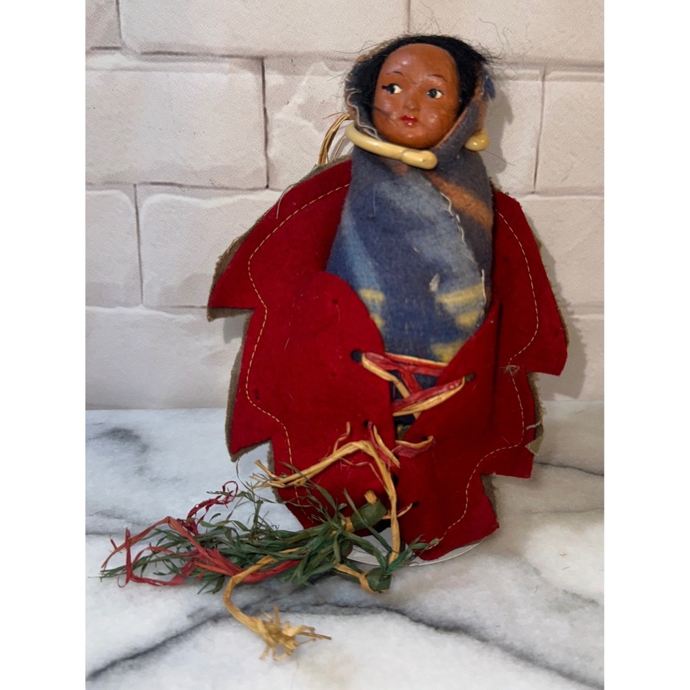Vintage Native American Style Papoose Doll Hand Painted Folk Art with Stand 7.5"